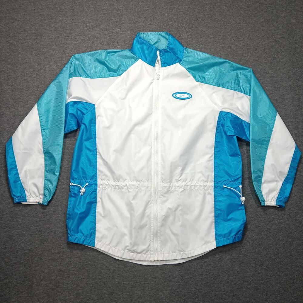 Nike Jacket Womens Small White Blue Full Zip Windbreaker Colorblock Logo Track